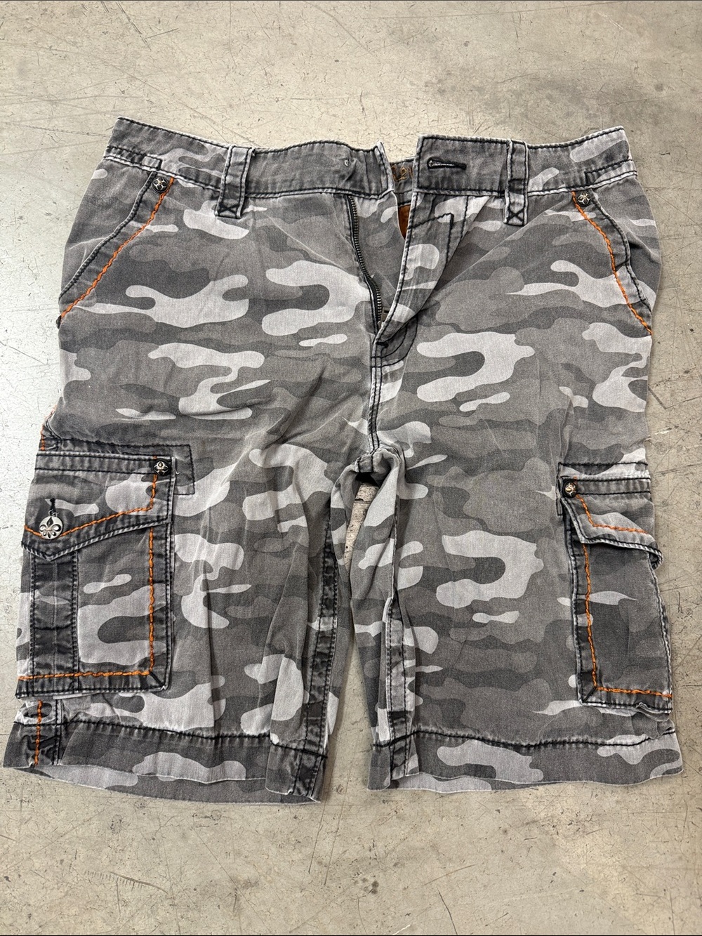 Rock Revival Gray Camo Cargo Shorts with Orange Stitching
